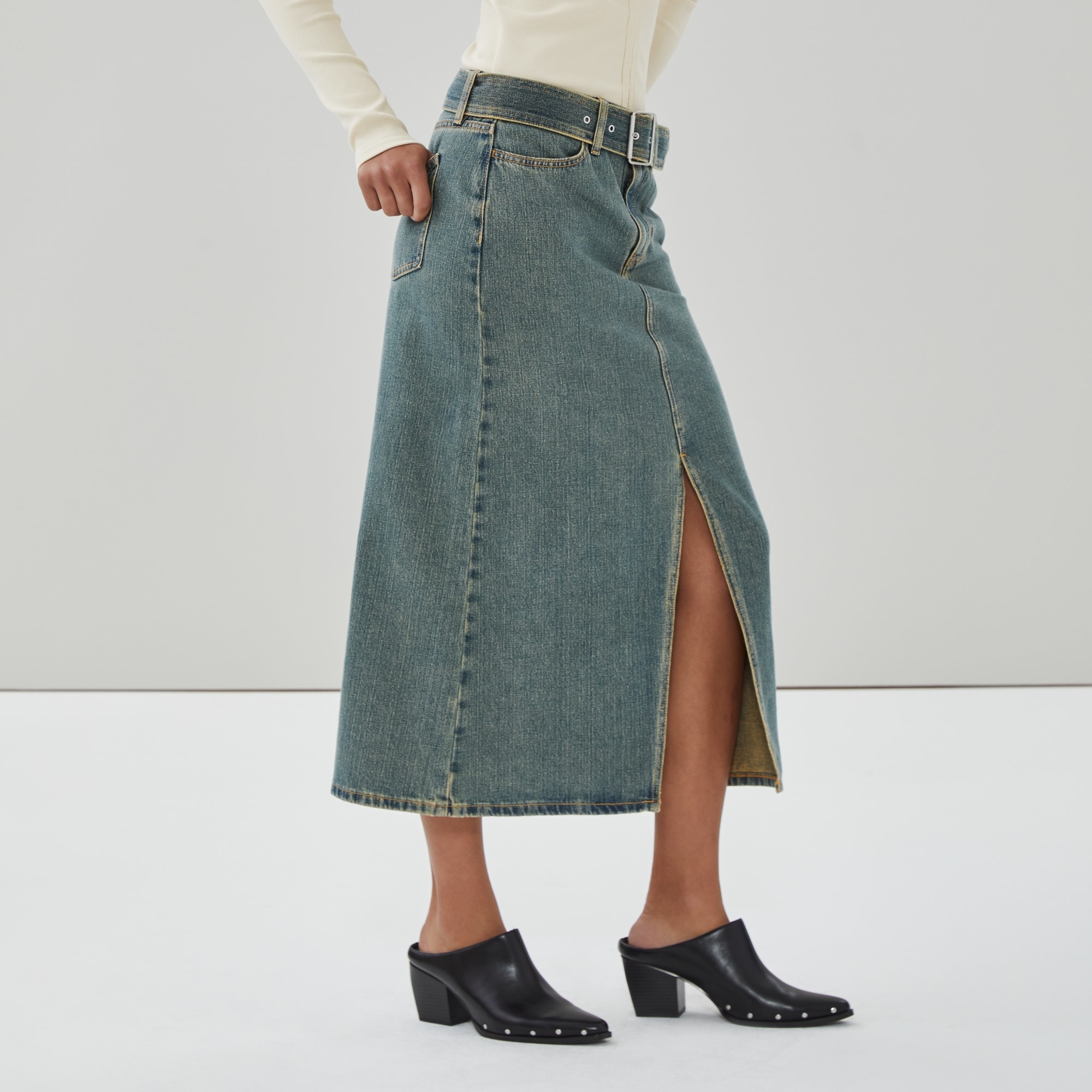 Denim Slit Maxi Skirt in Medium Wash from Joe Fresh