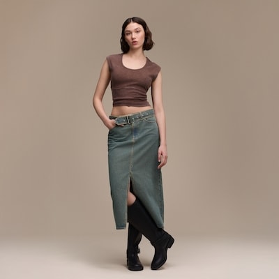 Denim Slit Maxi Skirt - Medium Wash