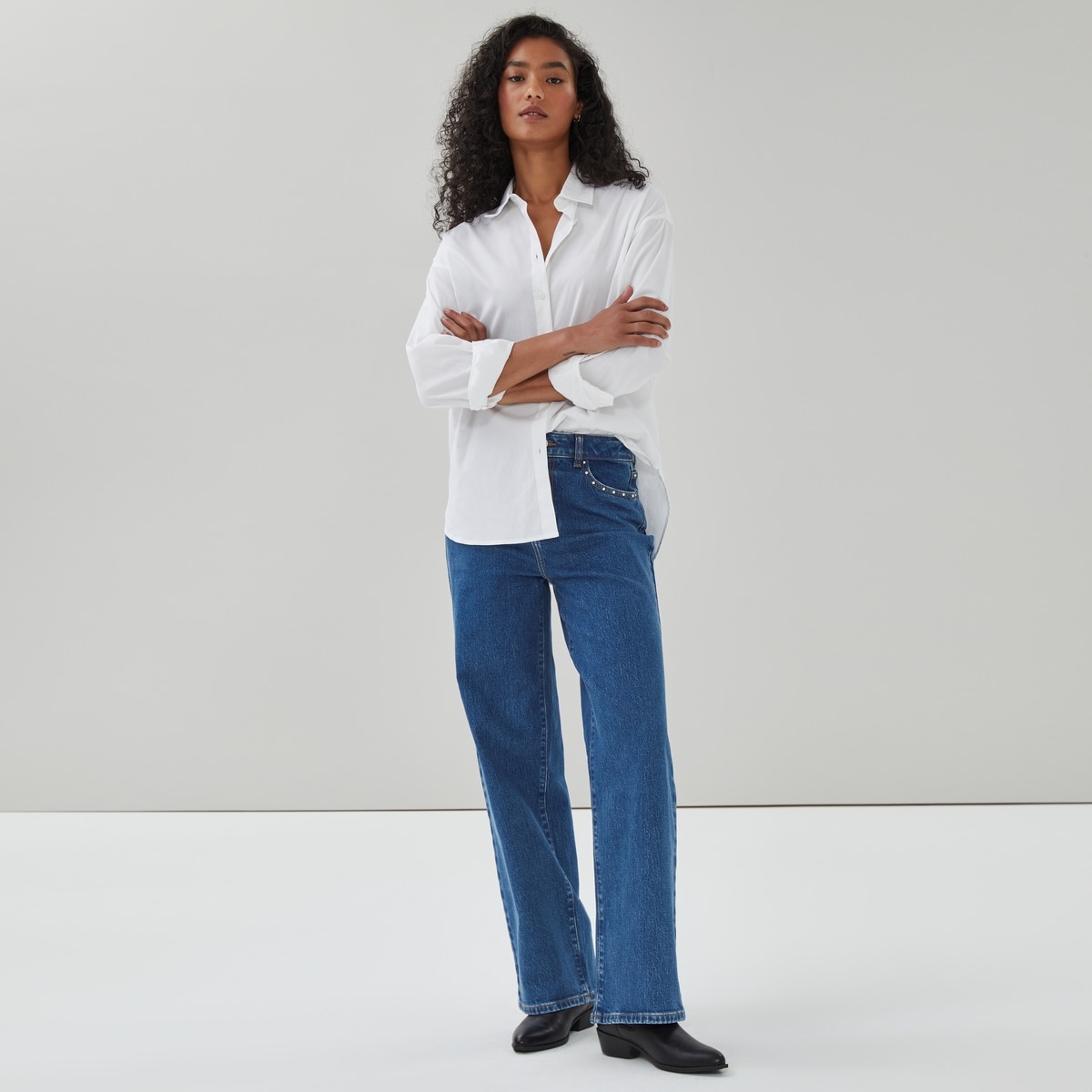 Embellished Wide Leg Jean - Medium Wash