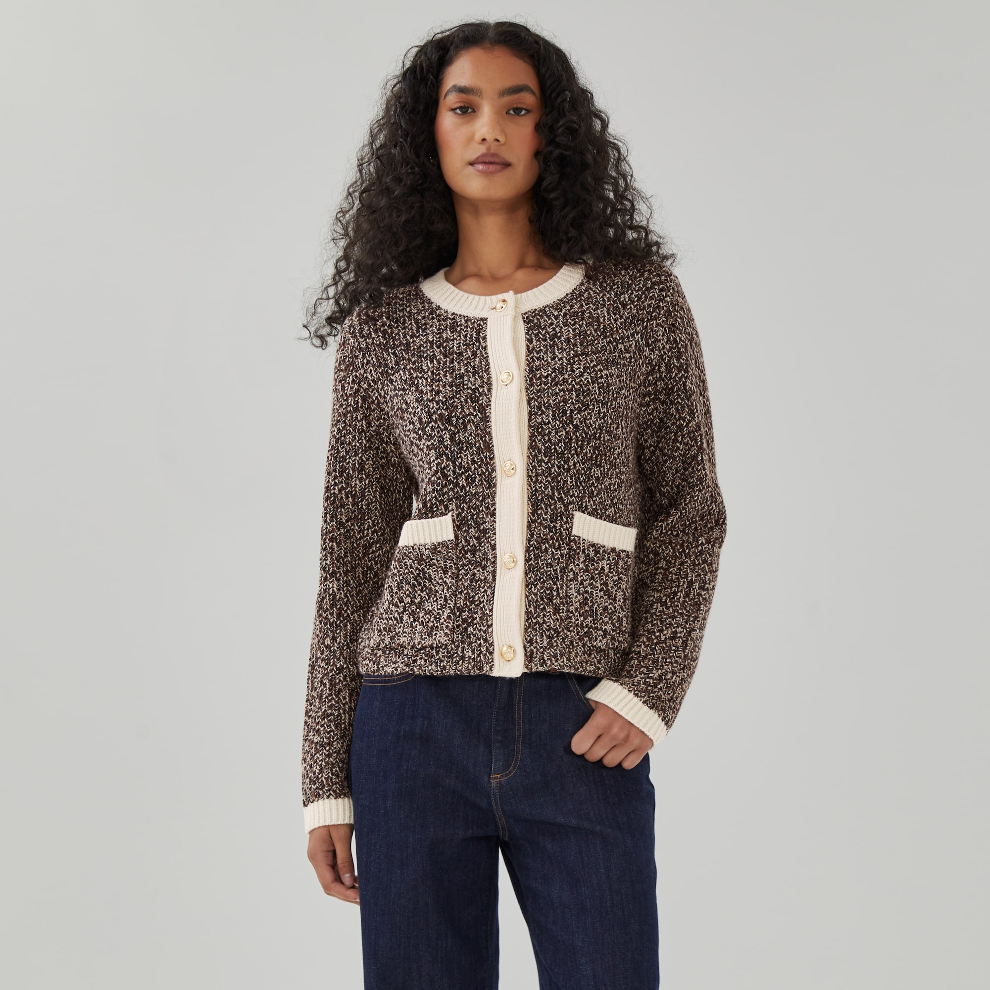 Tweed Cardigan in Light Khaki Brown from Joe Fresh