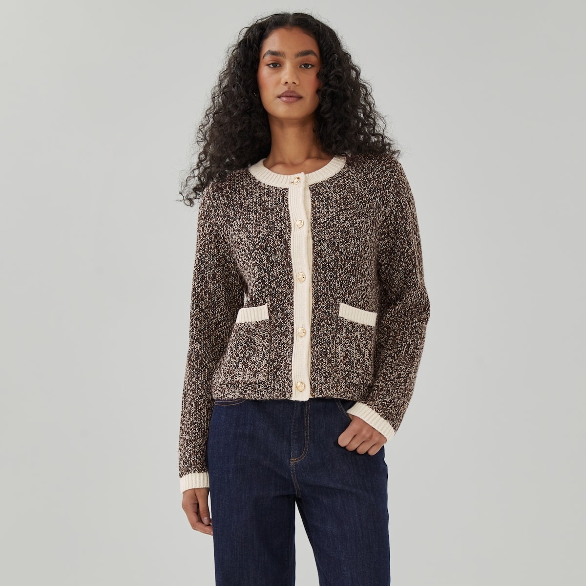 Tweed Cardigan - Light Khaki Brown
