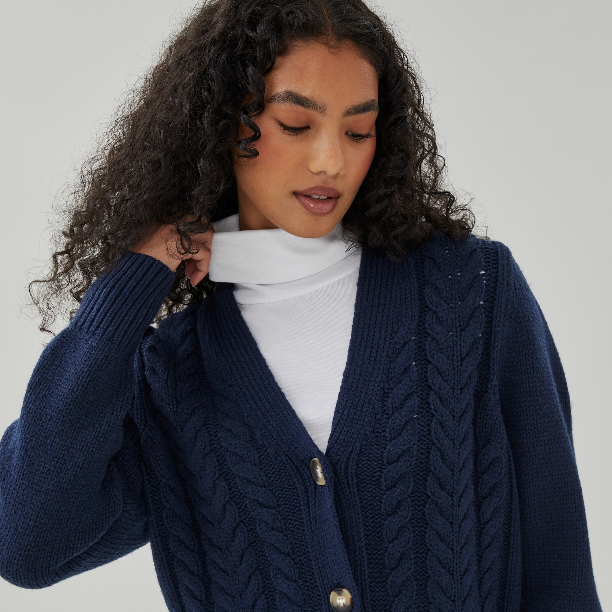 Cable Knit Cardigan in Navy from Joe Fresh