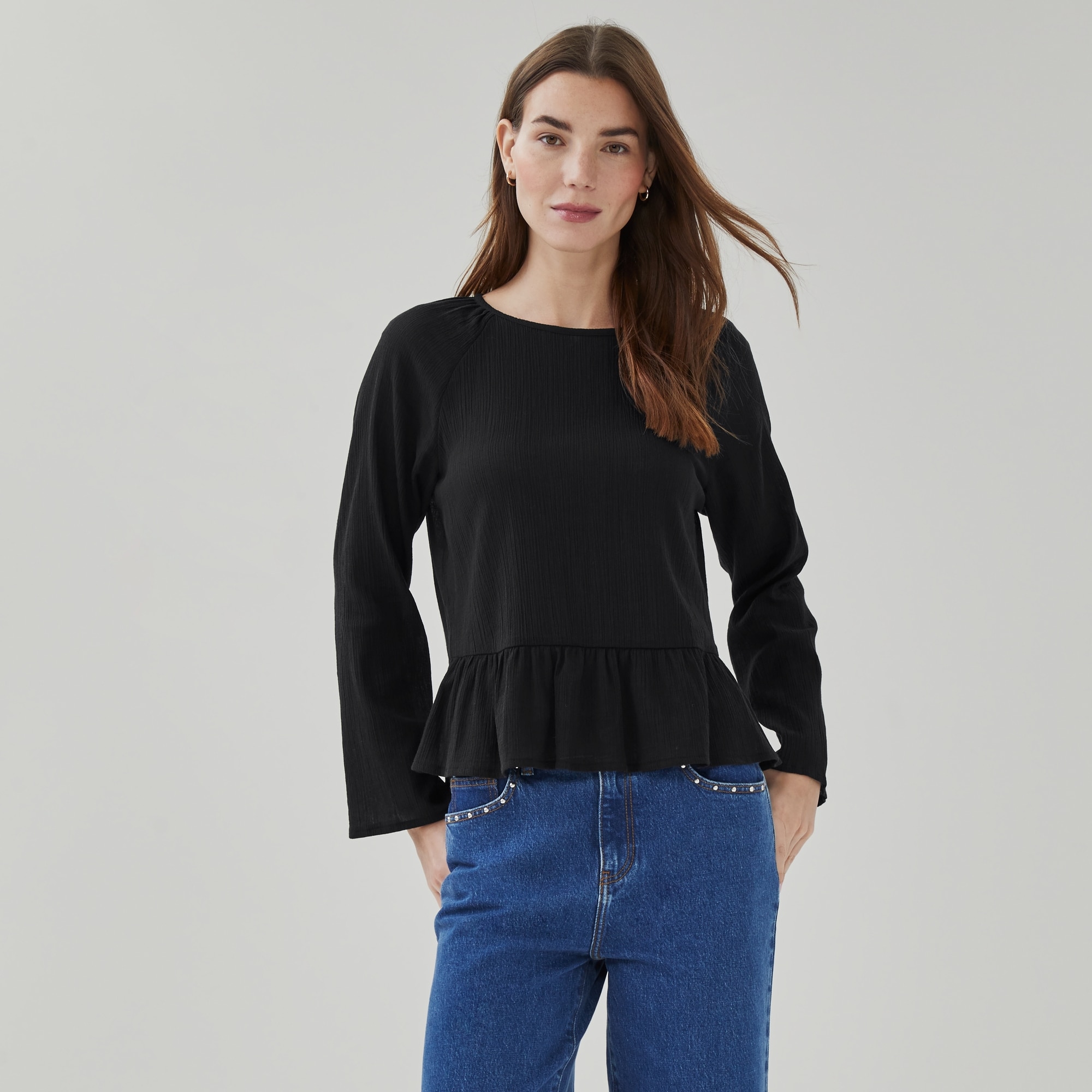 Peplum Crinkled Long Sleeve Top in JF Black from Joe Fresh