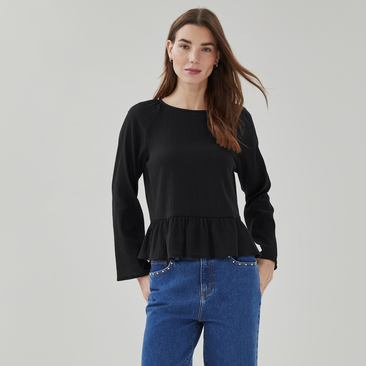 Peplum Crinkled Long Sleeve Top