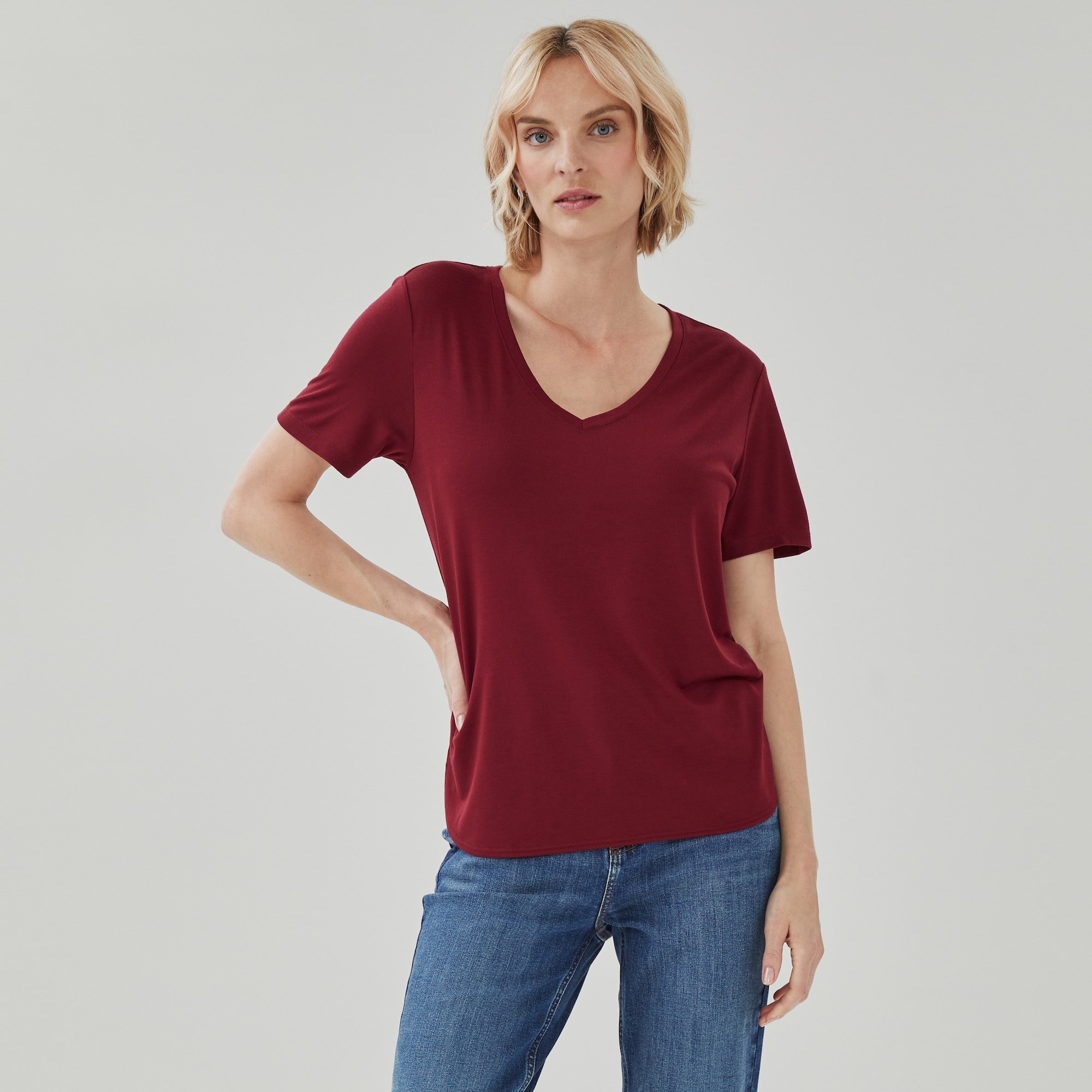 Relaxed V-Neck T-Shirt in Dark Red from Joe Fresh