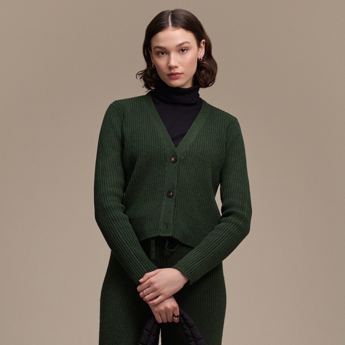 Button-Up Ribbed Cardigan - Dark Green