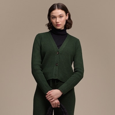 Button-Up Ribbed Cardigan - Dark Green