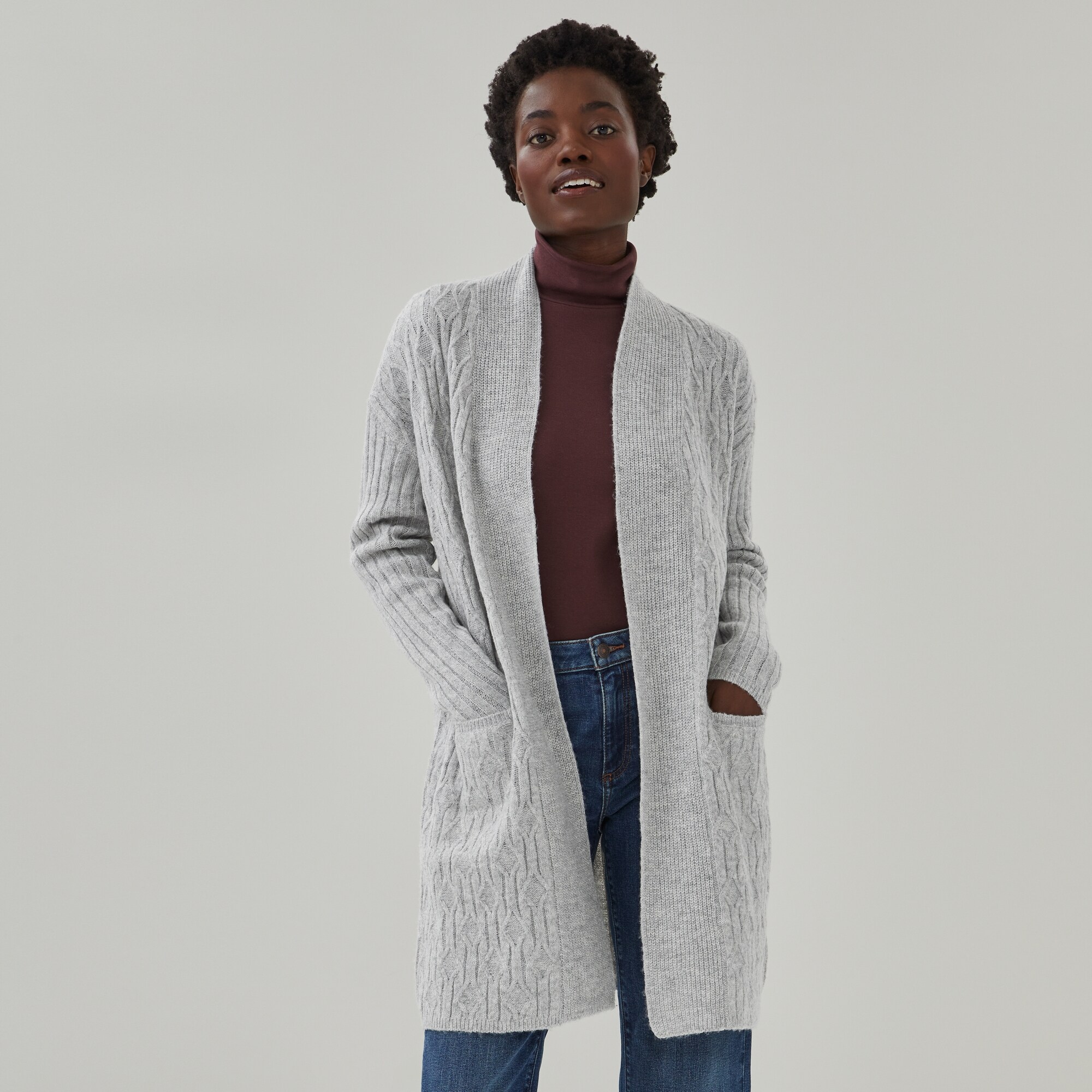 Open-Front Cable Knit Cardigan in Light Grey Mix from Joe Fresh