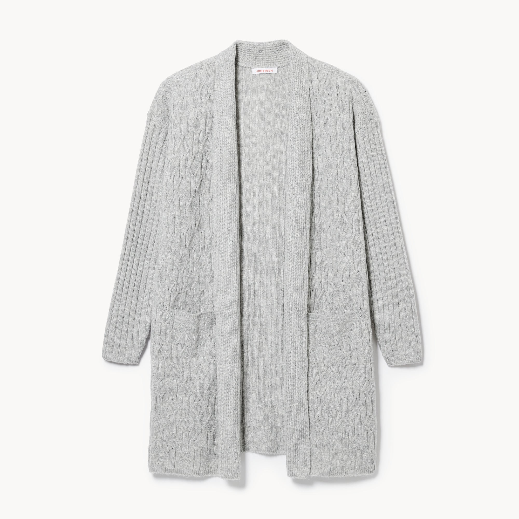Open-Front Cable Knit Cardigan in Light Grey Mix from Joe Fresh