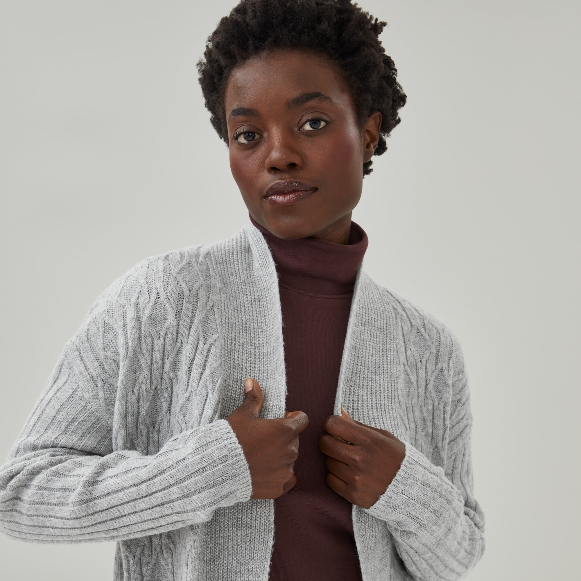 Open-Front Cable Knit Cardigan in Light Grey Mix from Joe Fresh