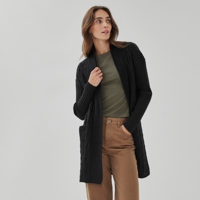 Cardigan à mailles torsadées ouvert sur l’avant - Noir JF