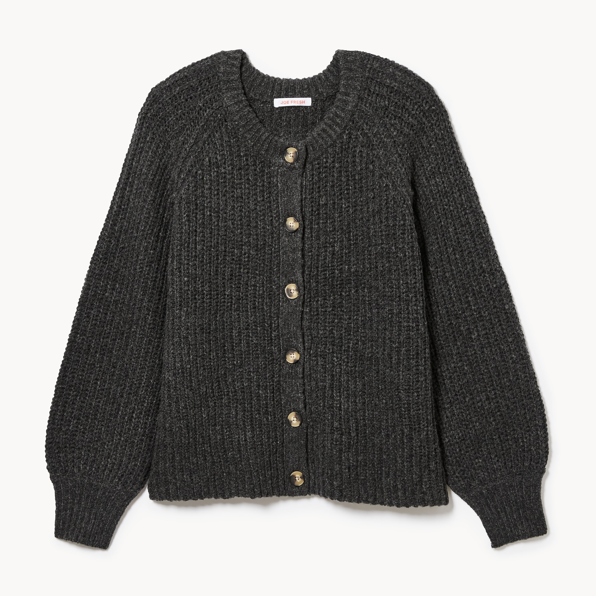 Blouson Sleeve Shaker Cardigan in Charcoal Mix from Joe Fresh