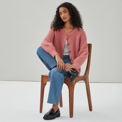 Blouson Sleeve Shaker Cardigan - Dusty Rose