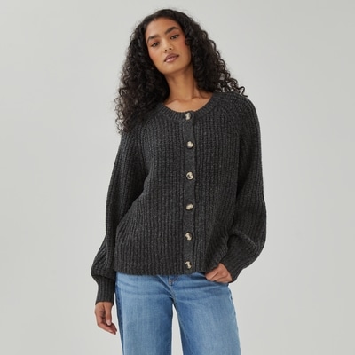 Blouson Sleeve Shaker Cardigan - Charcoal Mix