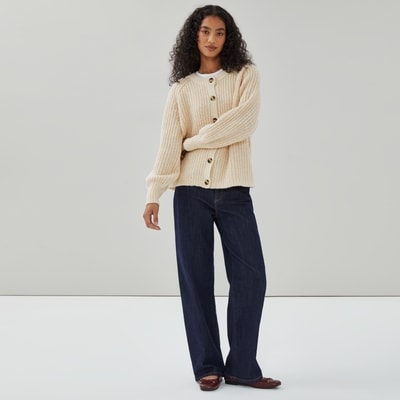 Blouson Sleeve Shaker Cardigan - Ecru
