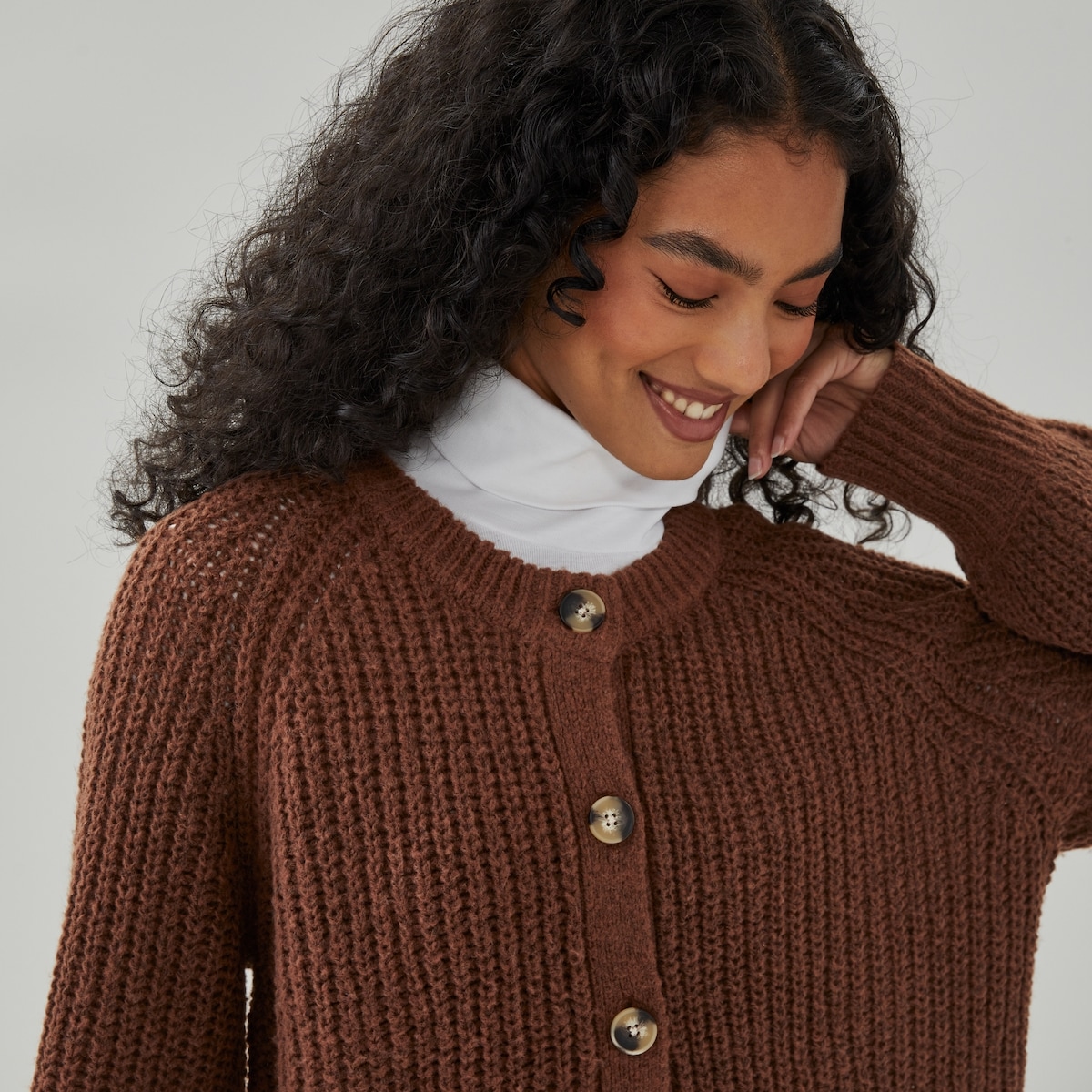 Blouson Sleeve Shaker Cardigan - Umber