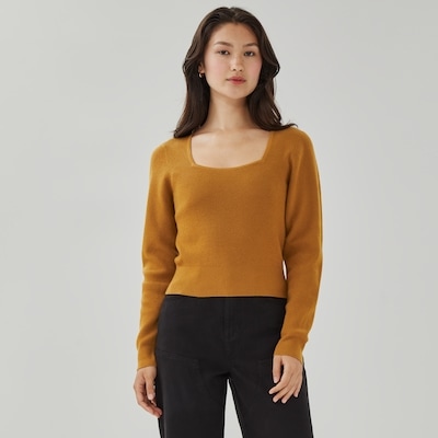 Square Neck Shaker Stitch Sweater - Dark Gold