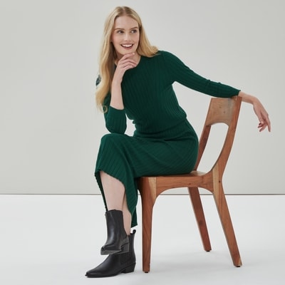 Wide Ribbed Midi Skirt - Dark Green