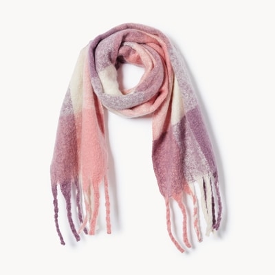 Chunky Plaid Fringe Scarf - Coral