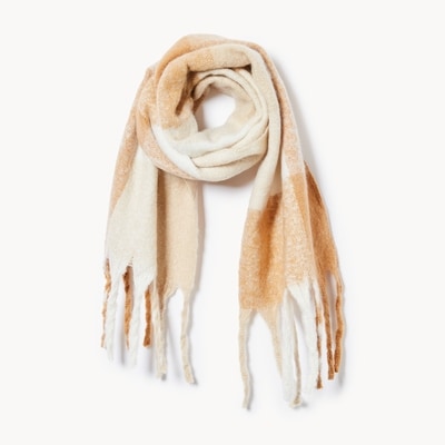 Chunky Plaid Fringe Scarf - Light Brown