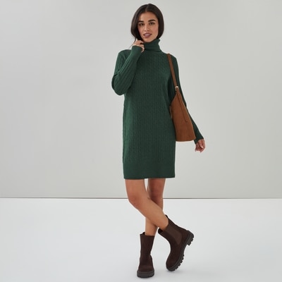 Cable Knit Turtleneck Dress - Dark Green Mix