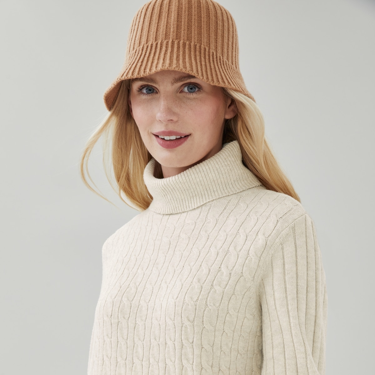 Robe col roul mailles torsades - Mlange Avoine