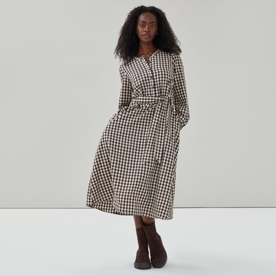 Henley Long Sleeve Maxi Dress - Brown