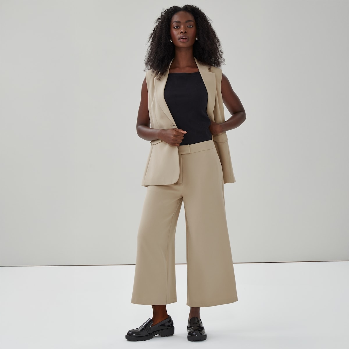 Pantalon style jupe-culotte en crpe - Brun Kaki Ple