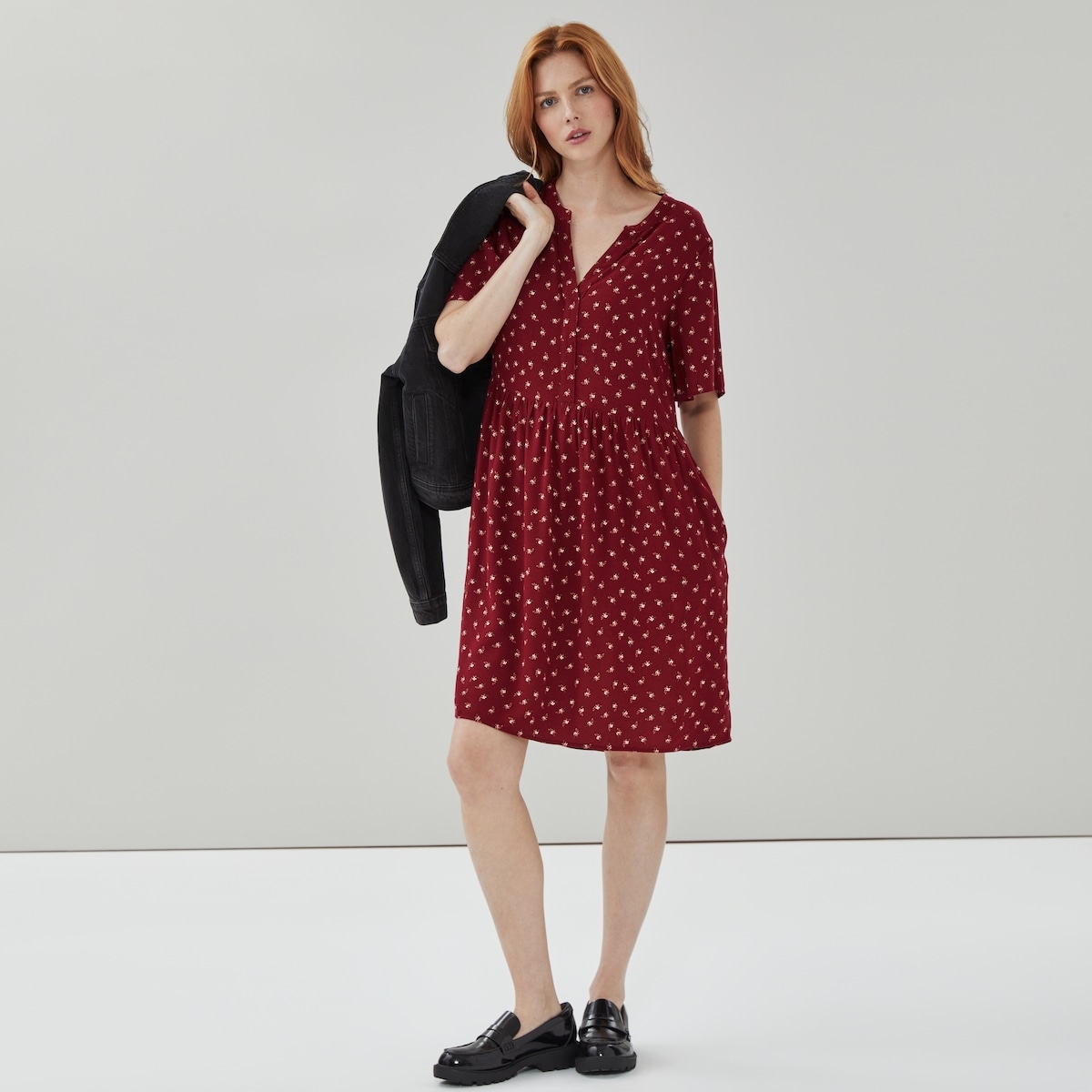 Robe mini imprime  col enV - Rouge Fonc