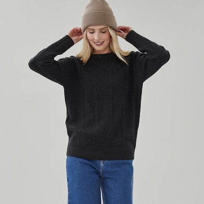 Cable Knit Crew Neck Sweater - Charcoal Mix