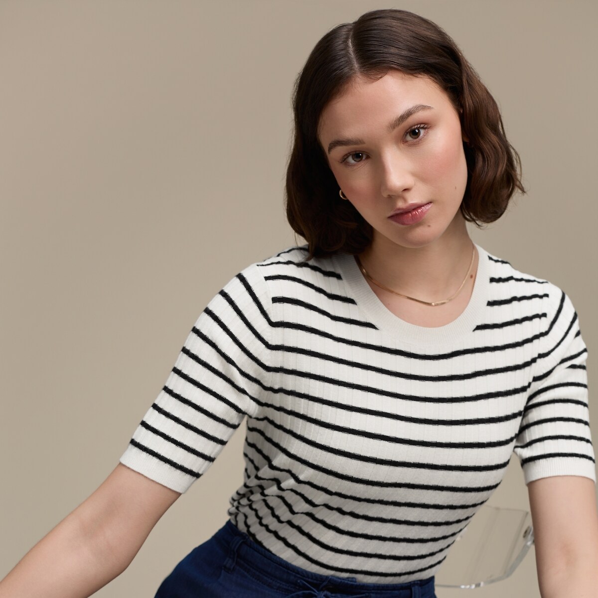 Haut  manches courtes en tricot ctel - Crme