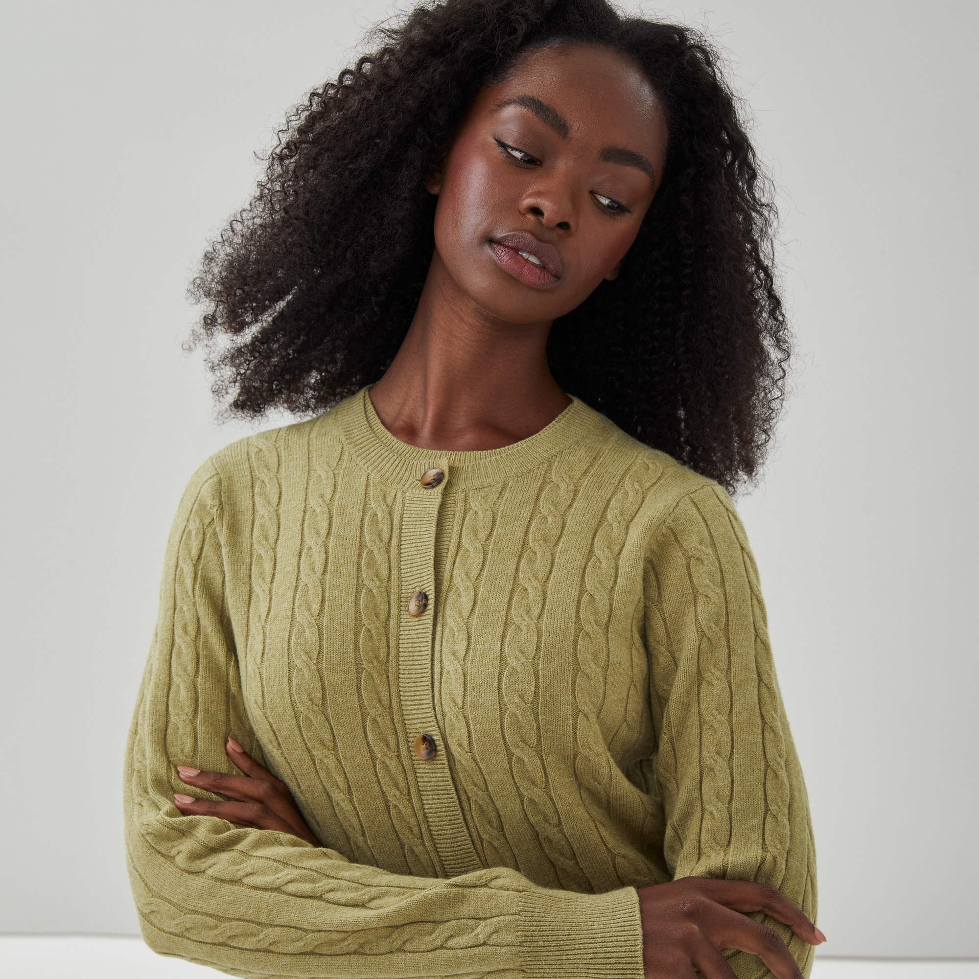 Cable Knit Cardigan in Light Olive from Joe Fresh