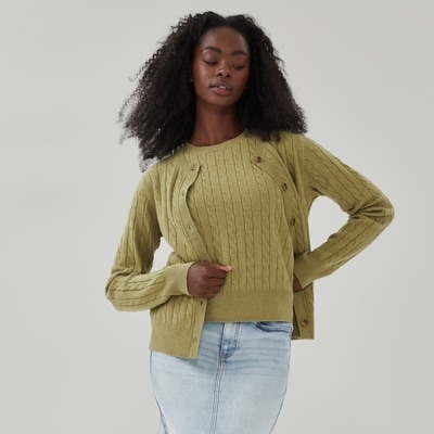 Cable Knit Cardigan - Light Olive