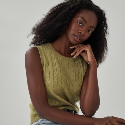 Cable Knit Sweater Tank - Light Olive