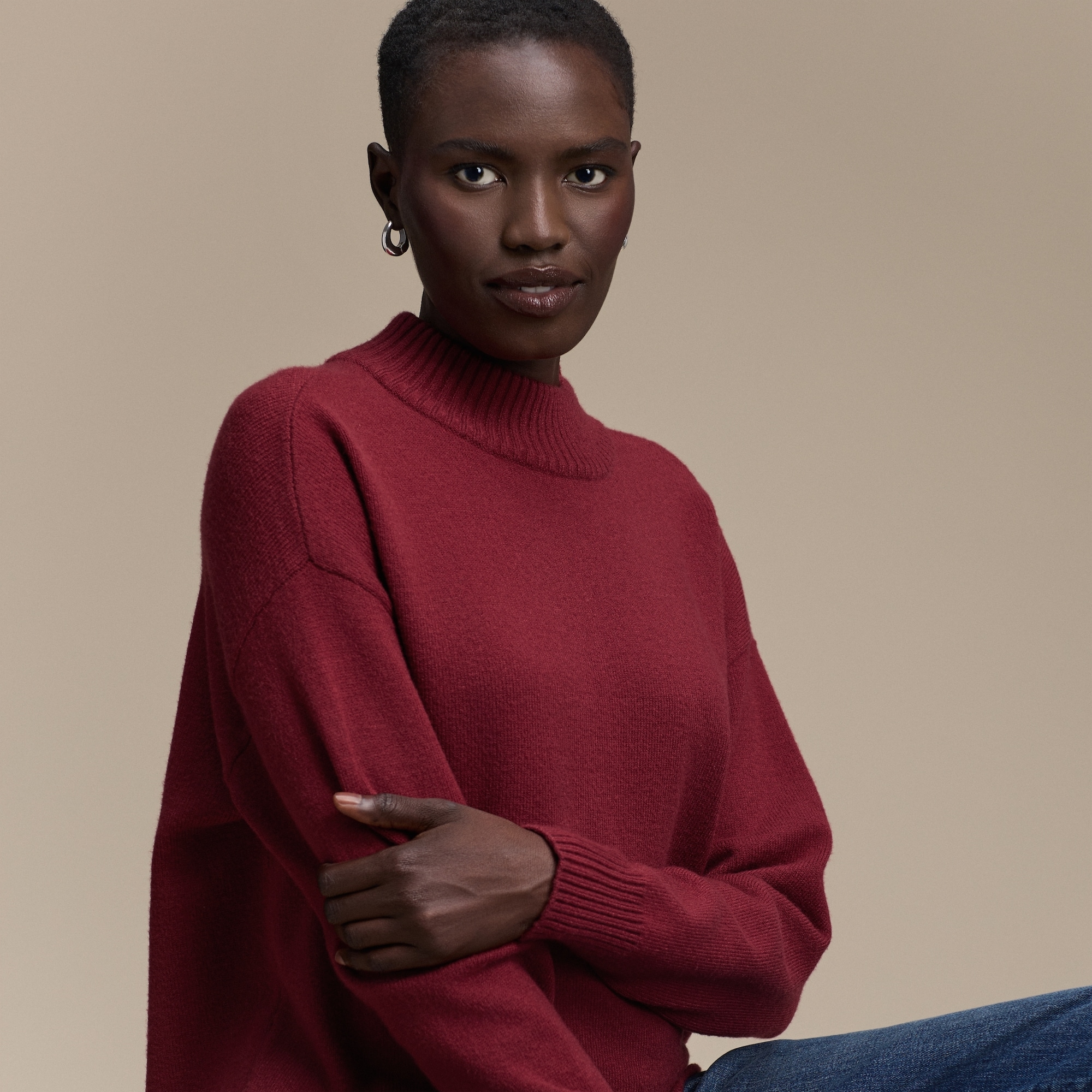 Mock Neck Knit Sweater in Dark Red from Joe Fresh