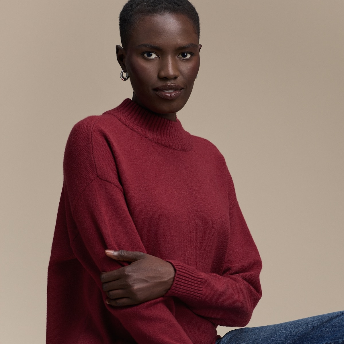 Chandail en tricot  col montant - Rouge Fonc