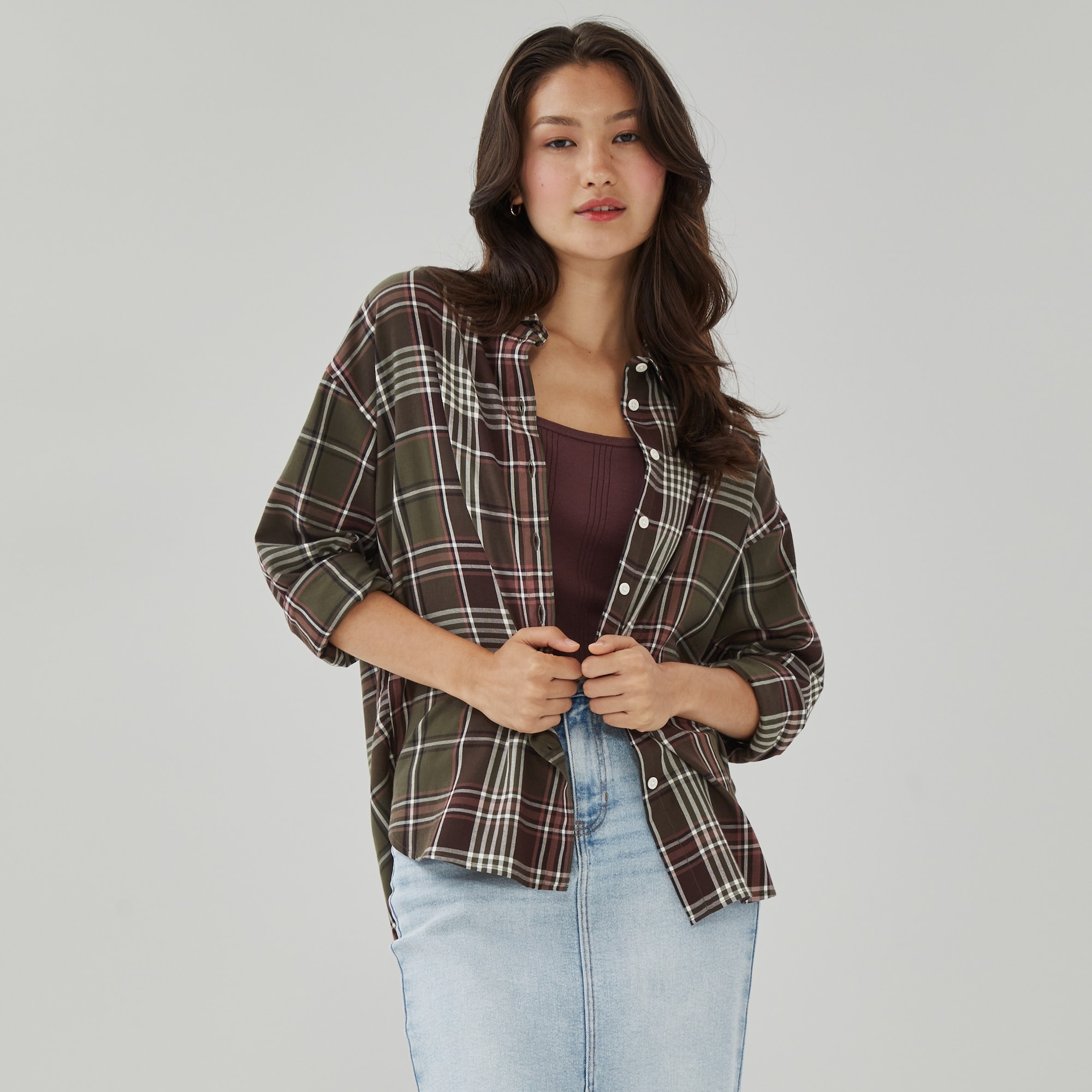 Oversized Plaid Button-Up Shirt in Dark Olive from Joe Fresh