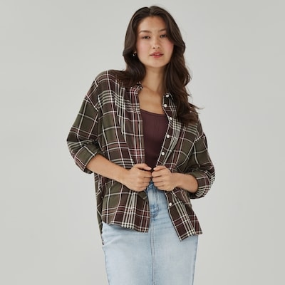 Oversized Plaid Button-Up Shirt - Dark Olive