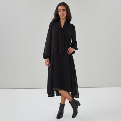 Chiffon Long Sleeve Tie Maxi Dress - JF Black