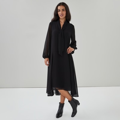 Chiffon Long Sleeve Tie Maxi Dress - JF Black