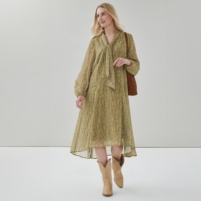 Chiffon Long Sleeve Tie Maxi Dress - Light Olive