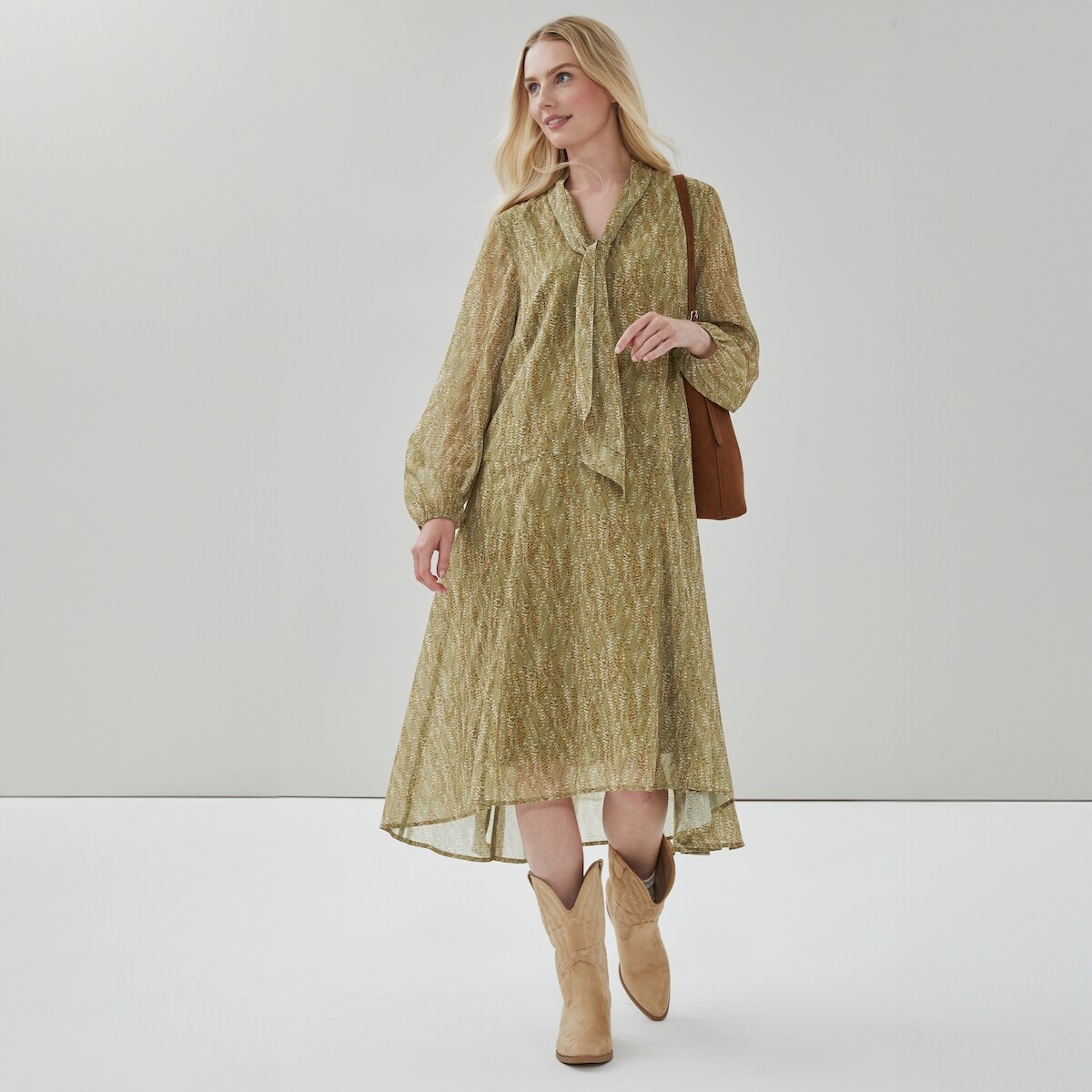 Chiffon Long Sleeve Tie Maxi Dress