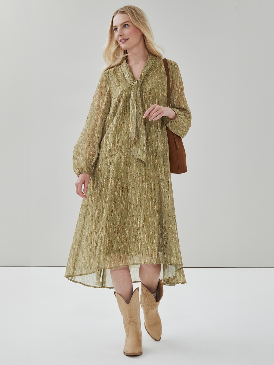 Chiffon Long Sleeve Tie Maxi Dress