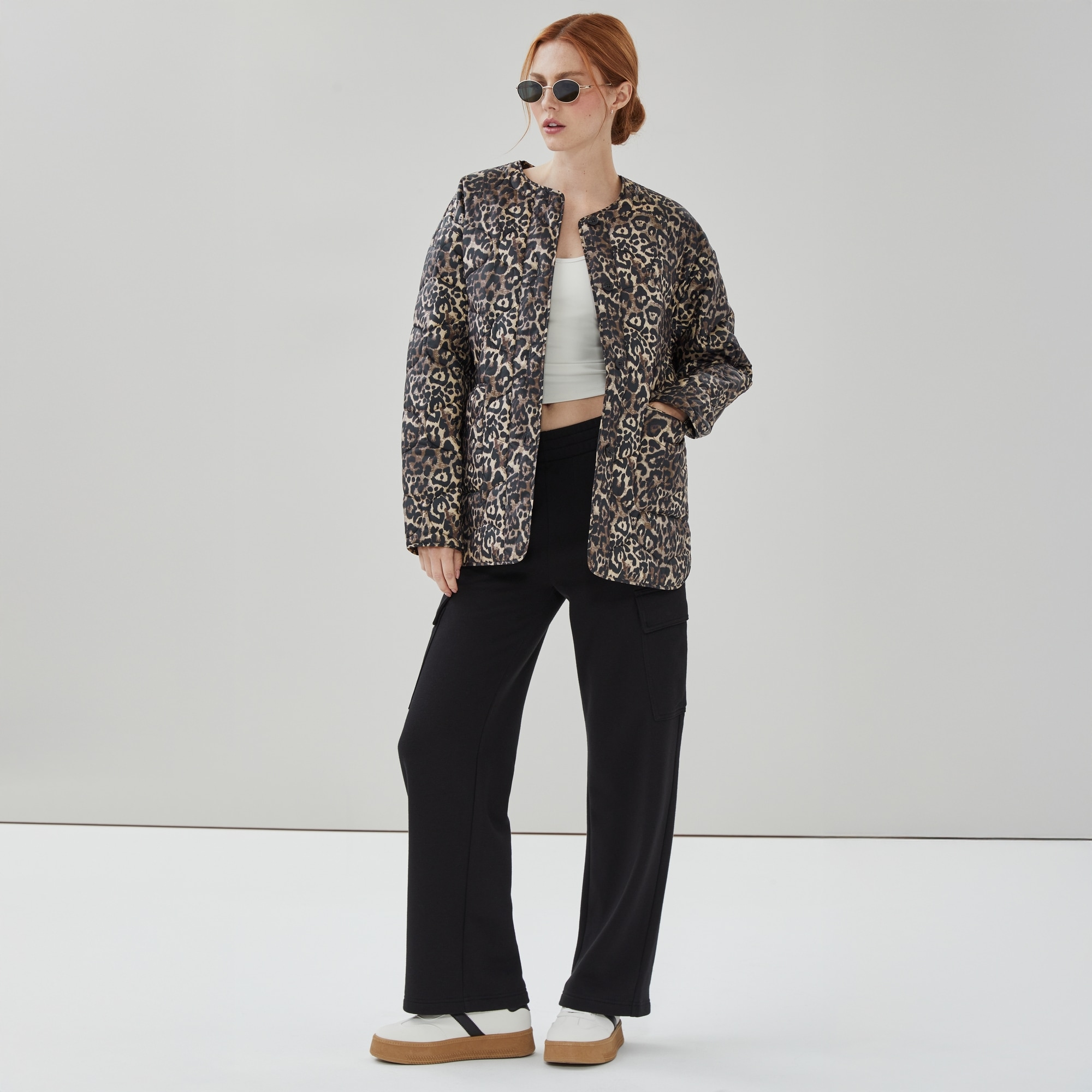 Printed Quilted Oversized Jacket in Taupe from Joe Fresh