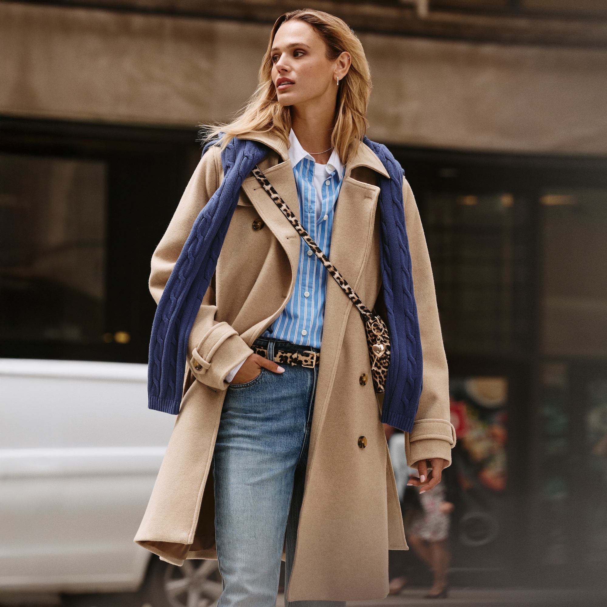 ジャケット・アウター DOUBLE FACE CHECK DOUBLE BREASTED COAT Double-Breasted Coat in Light Brown Mix from Joe Fresh