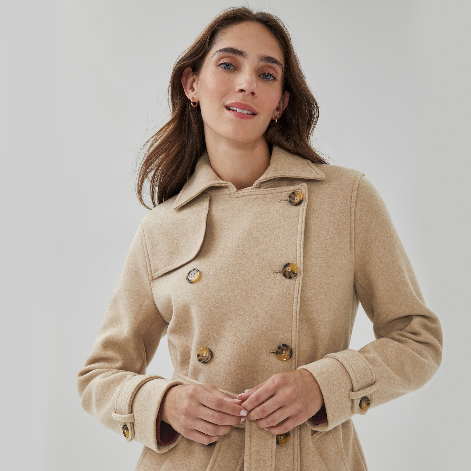 ジャケット・アウター DOUBLE FACE CHECK DOUBLE BREASTED COAT Double-Breasted Coat in Light Brown Mix from Joe Fresh