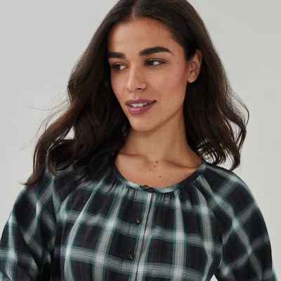 Plaid Raglan Blouse - Navy