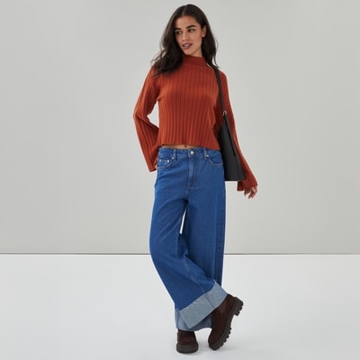 Wide Ribbed Cropped Sweater - Copper