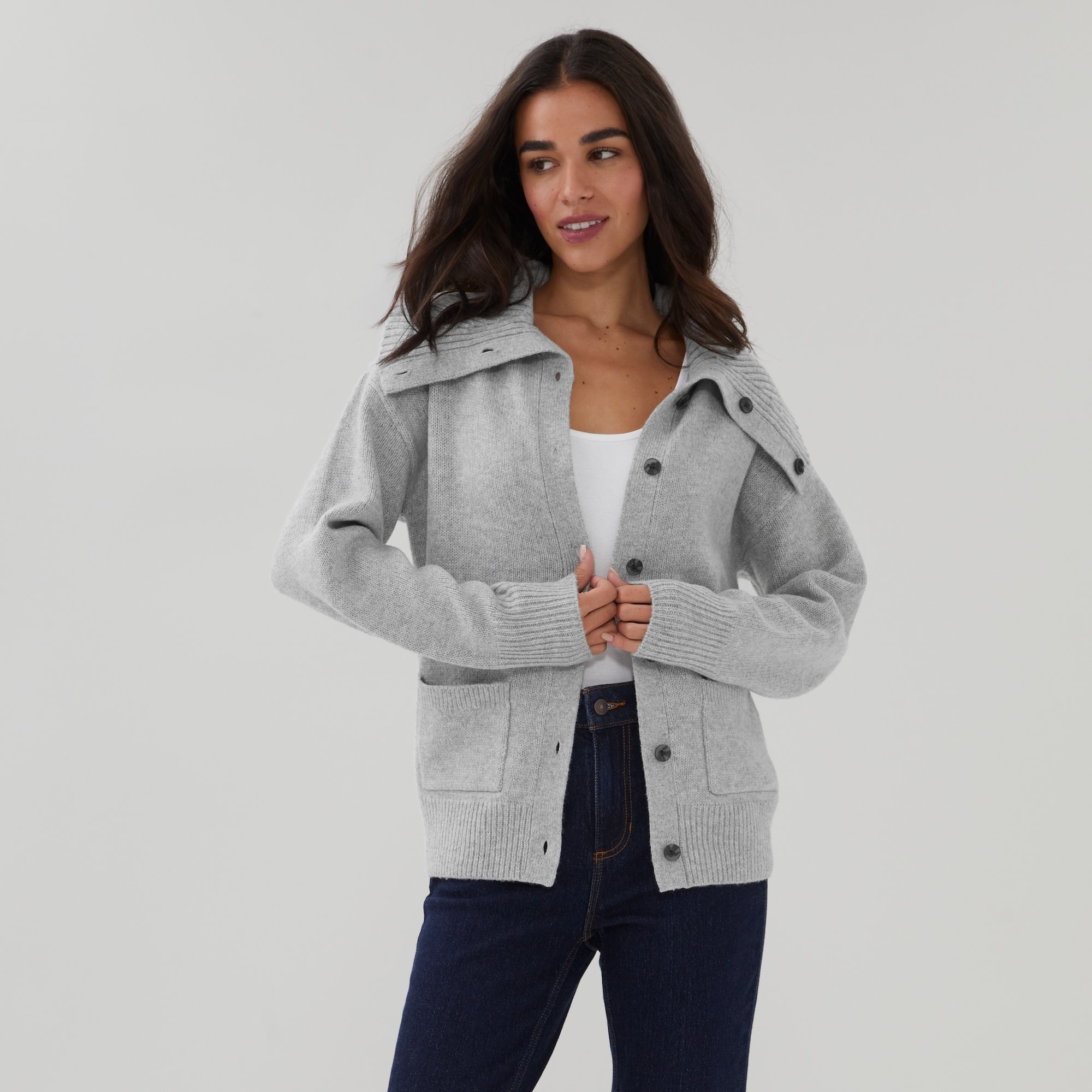 Wide Collared Cardigan in Light Grey Mix from Joe Fresh