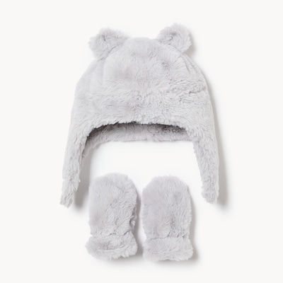 Baby Boys' Faux Fur Hat and Mittens Set - Grey